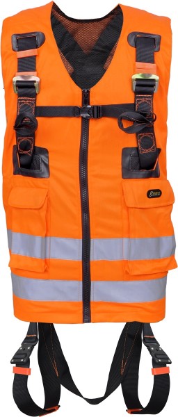 Kratos Full Body Harness with orange high visibility work vest, PPE, EN361, EN471
