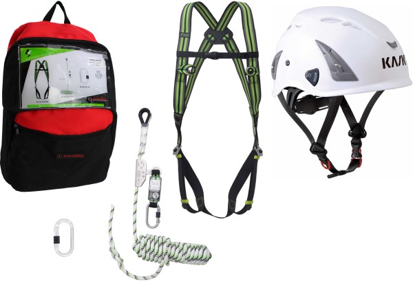 Kratos fall protection set according to CE, 10m fall arrester, fall arrester harness, carabiner, backpack, safety helmet