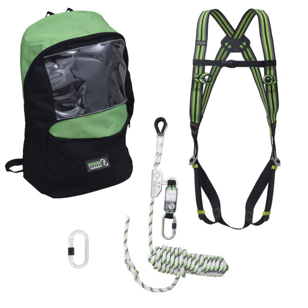Kratos Safety Absturzsicherung-Set, Fallschutz-Set mit Kratos Auffanggurt EN361, Kratos Auffanggerät 15m mit Bandfalldämpfer EN353-2, Kratos Stahlkarabiner EN362, Rucksack, PSA, CE-Zertifiziert, mit Seriennummer