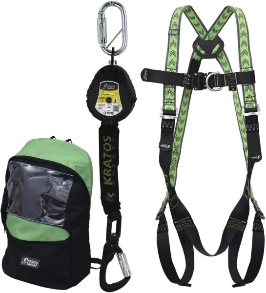 Kratos Safety Hubsteiger Sicherheitsset, Fallschutz-Set mit Kratos Auffanggurt EN361, Kratos Höhensicherungsgerät 1,75m mit Bandfalldämpfer und integriertem Bremssystem EN360, Rucksack, PSA, CE-Zertifiziert