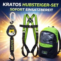 Kratos Safety Hubsteiger Sicherheitsset, Fallschutz-Set mit Kratos Auffanggurt EN361, Kratos Höhensicherungsgerät 1,75m mit Bandfalldämpfer und integriertem Bremssystem EN360, Rucksack, PSA, CE-Zertifiziert