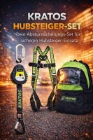 Kratos Safety Hubsteiger Sicherheitsset, Fallschutz-Set mit Kratos Auffanggurt EN361, Kratos Höhensicherungsgerät 1,75m mit Bandfalldämpfer und integriertem Bremssystem EN360, Rucksack, PSA, CE-Zertifiziert