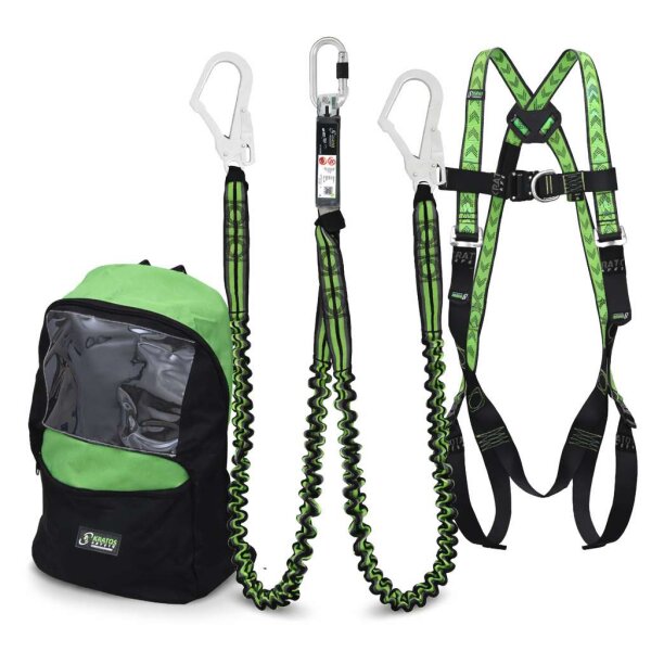 Kratos Safety Gerüstbauer Sicherheitsset, Fallschutz-Set mit Kratos Zweipunktauffanggurt EN361, Y-Bandfalldämpfer EN355, Rucksack, PSA