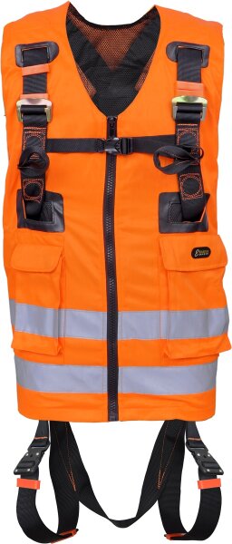 Kratos Safety Reflex 2, Auffanggurt mit hoch sichtbarer orangen Arbeitsweste, Warnweste, Sicherheitsweste mit Gurt, mehrere Taschen und Reflektorstreifen, PSA, EN361, EN471