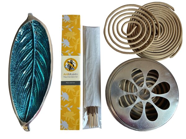 Citronella Räucher Set 3-teilig mit Citronella Spirale Outdoor, Räucherstäbchen Indoor und Halter