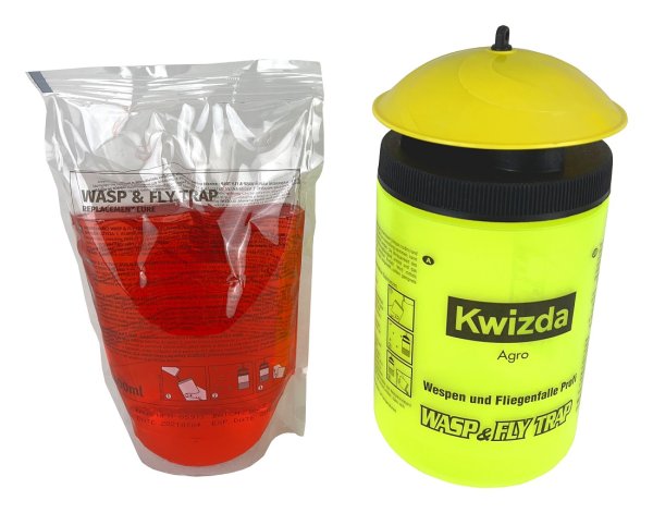 Kwizda Wespen- und Fliegenfalle inkl. 400 ml Lockstoff – Wiederverwendbare Wespenfalle für Garten, Terrasse & Gastronomie
