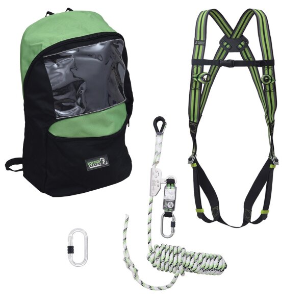 Kratos Safety Absturzsicherung-Set nach CE - Fallschutz-Set mit Kratos Auffanggurt EN361, Kratos Auffanggerät 10m mit Bandfalldämpfer EN353-2, Kratos Stahlkarabiner EN362, Rucksack, PSA, CE-Zertifiziert, mit Seriennummer