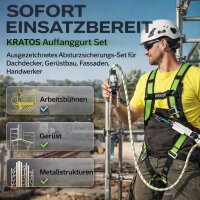 Kratos Safety Absturzsicherung-Set nach CE - Fallschutz-Set mit Kratos Auffanggurt EN361, Kratos Auffanggerät 10m mit Bandfalldämpfer EN353-2, Kratos Stahlkarabiner EN362, Rucksack, PSA, CE-Zertifiziert, mit Seriennummer